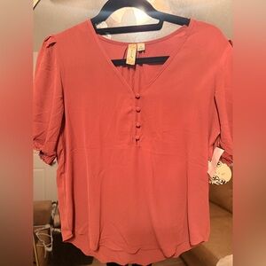 Misia Rust Buttoned V-Neck Blouse